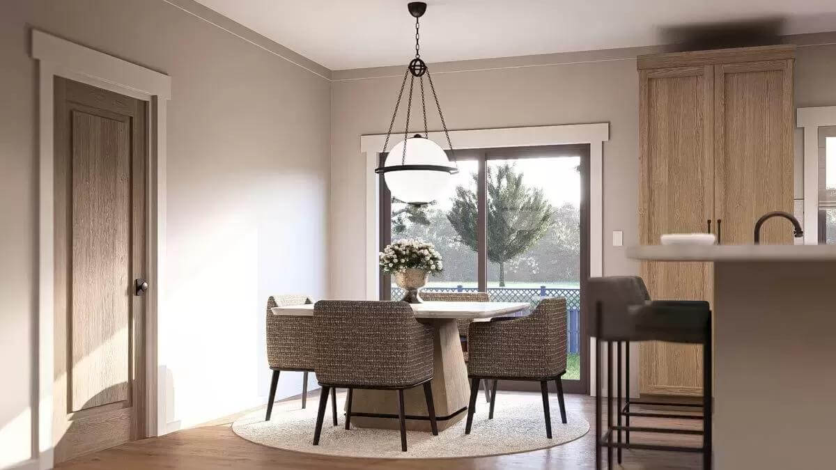 Dining area with a 4-seater dining set illuminated by a glass-globe pendant.
