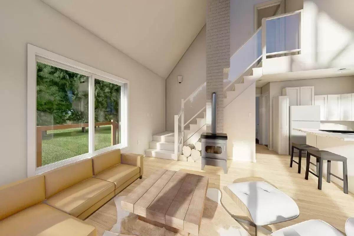 Living room with a sectional sofa, a rustic coffee table, and a high vaulted ceiling.