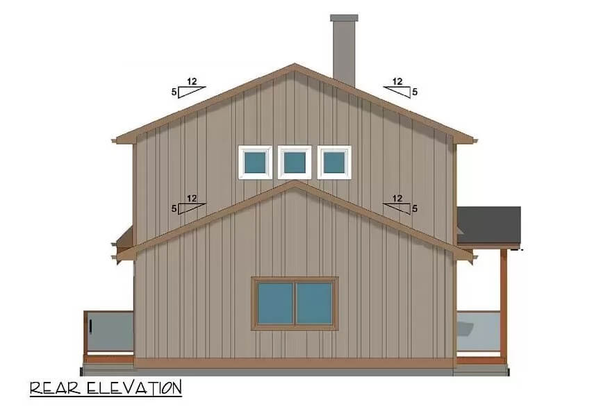 Rear elevation sketch of the rustic 3-bedroom mountain home.