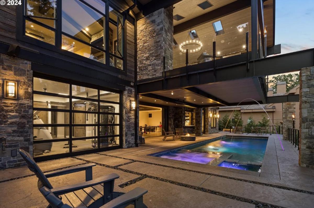Pool with a fire pit.