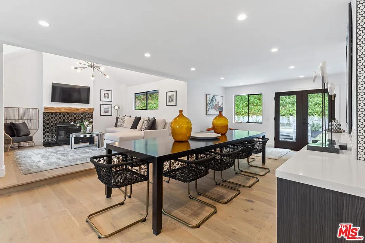 Dining room with a large wood table.