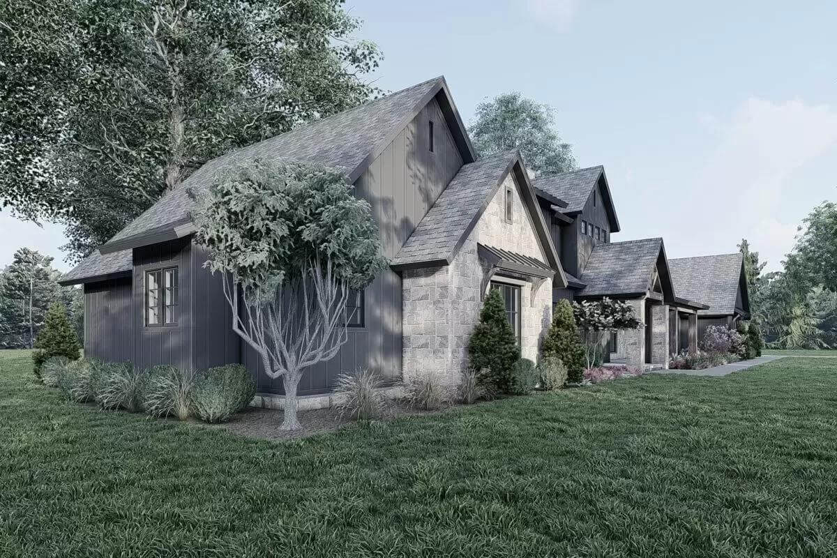 Front-left view with multiple gables and metal awnings.