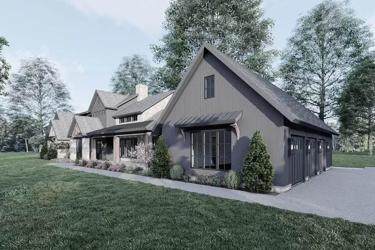Front-right view with a covered entry porch and a side-loading garage.