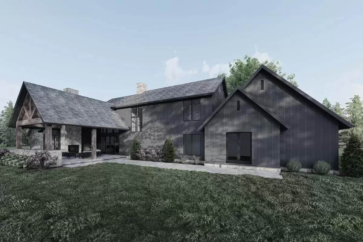 Rear view with an open patio and covered porch.