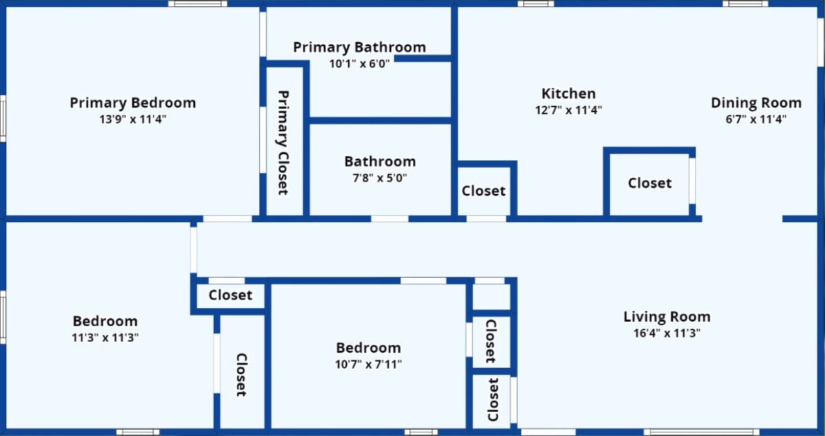 A floor plan with bedrooms, bathrooms, a living room, a kitchen, and a dining area.