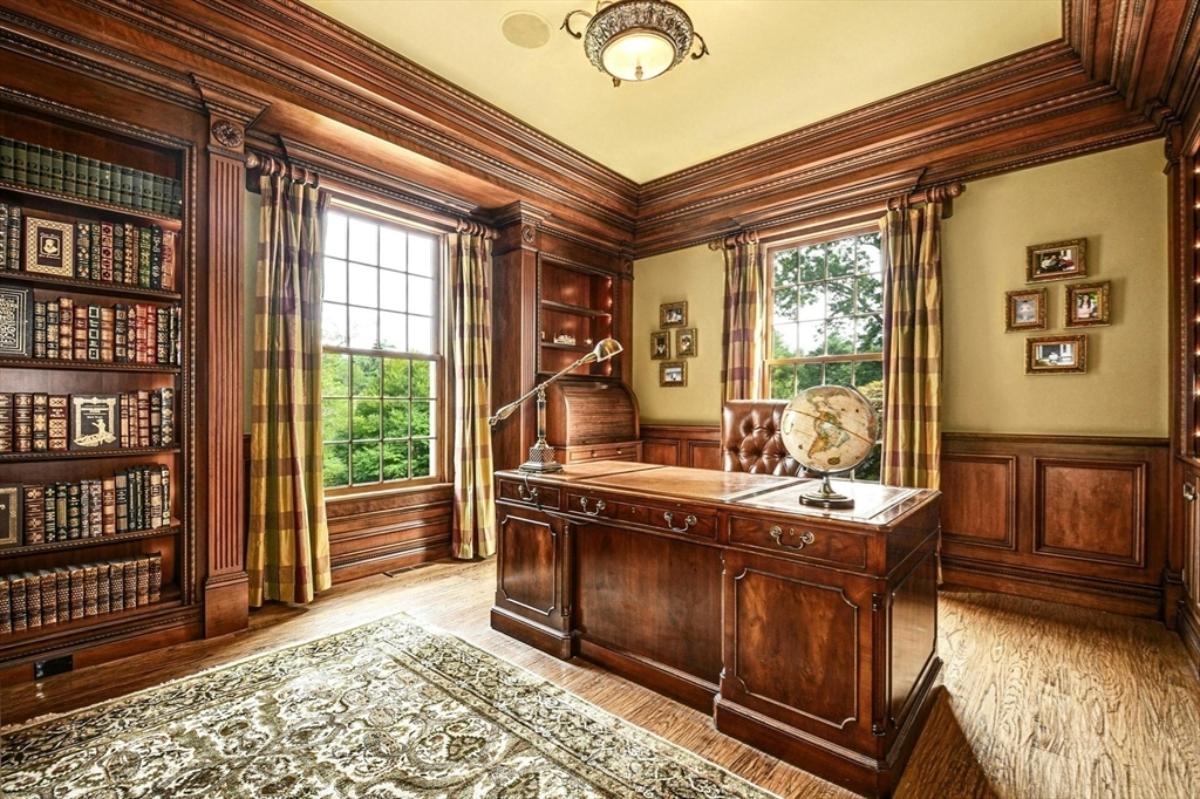 Home office with bookshelves.
