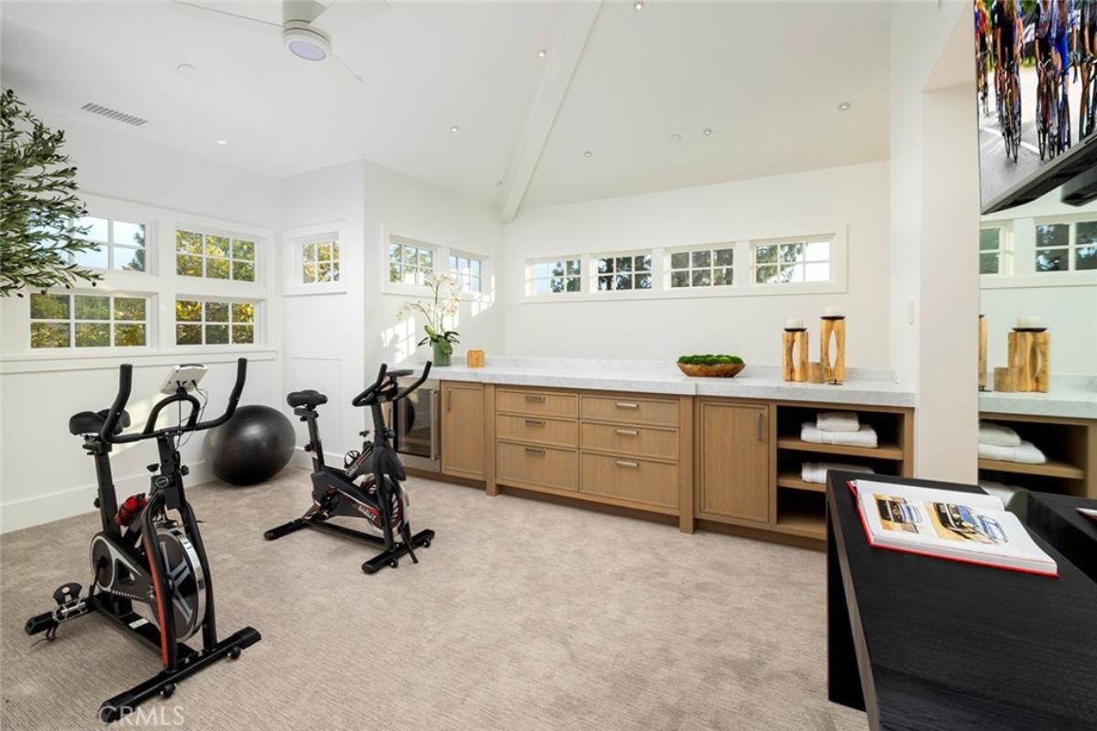 Home gym with carpet flooring.