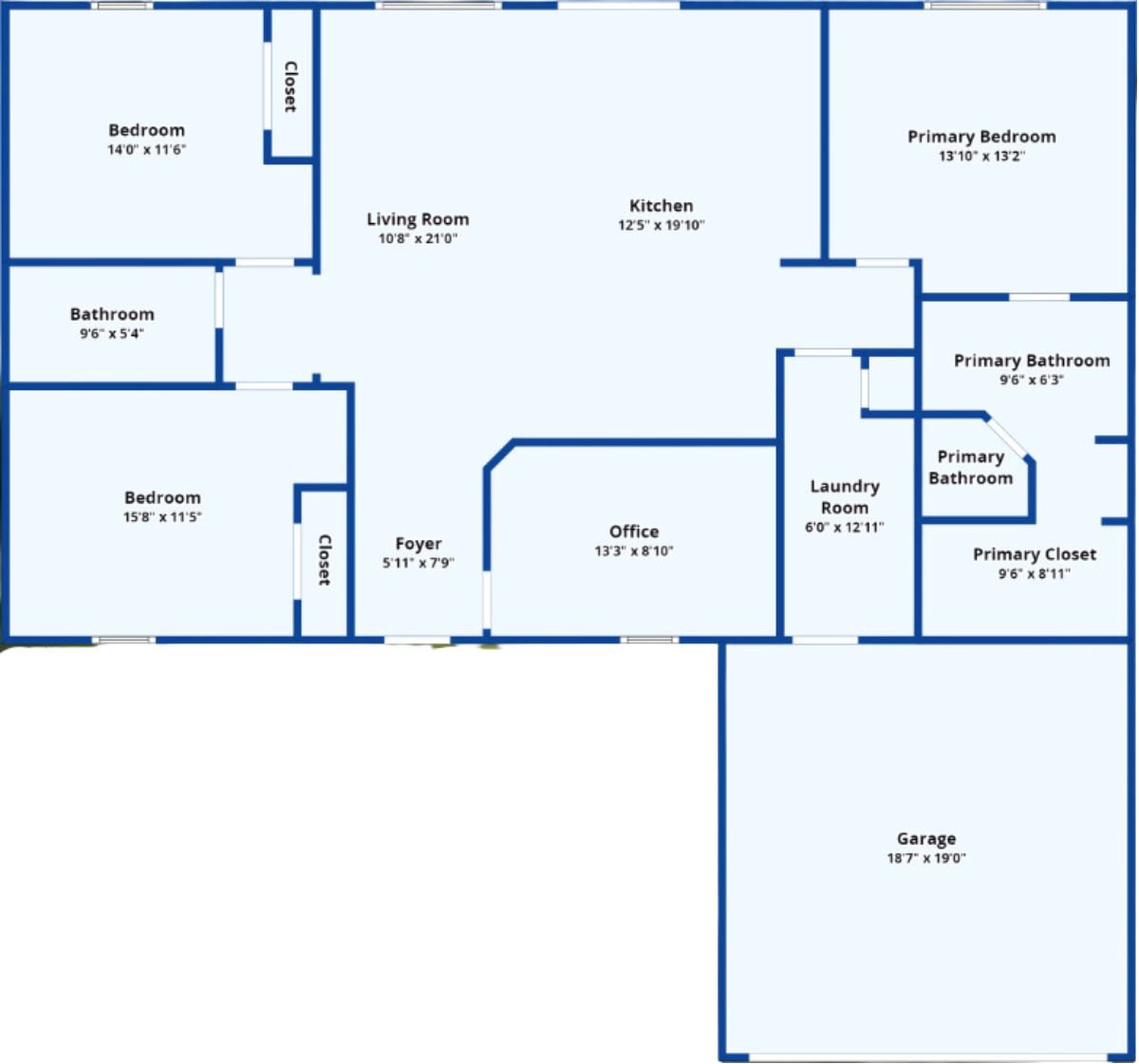 A floor plan with bedrooms, bathrooms, closets, a living room, a kitchen, a foyer, an office, and a garage.