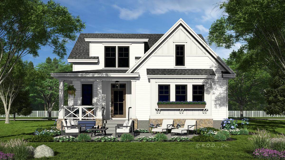 Rear view with a covered porch and a concrete patio.