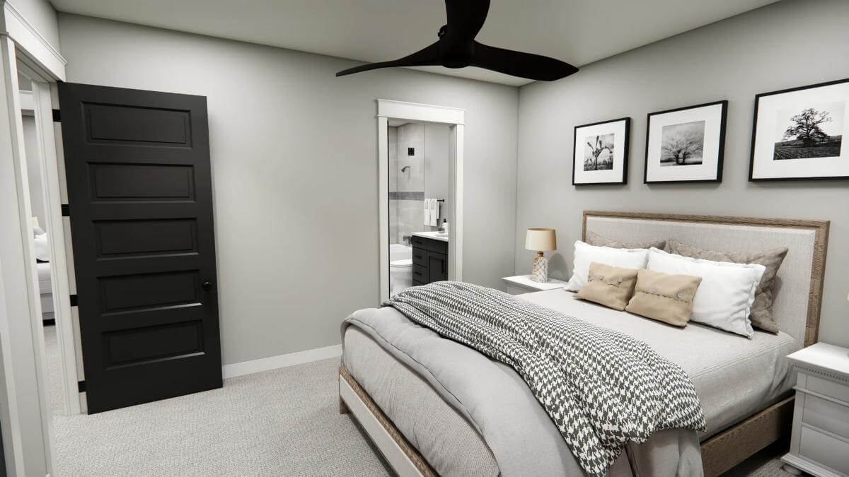 Bedroom with a wooden bed and an ensuite bathroom.