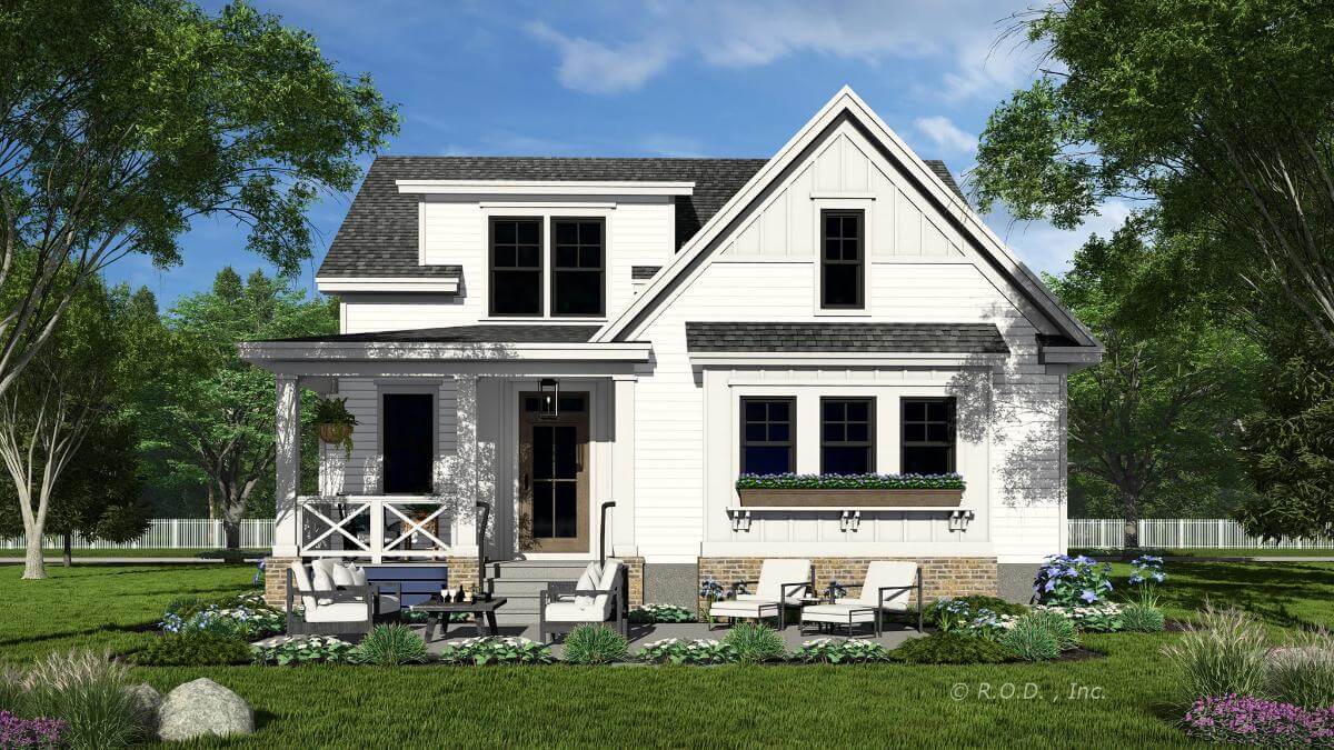 Rear view with a covered porch and a concrete patio.
