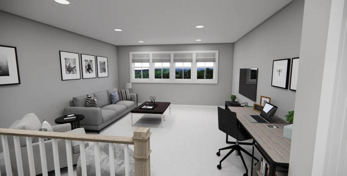 Loft with a sectional sofa, a wooden desk, and white-framed windows.