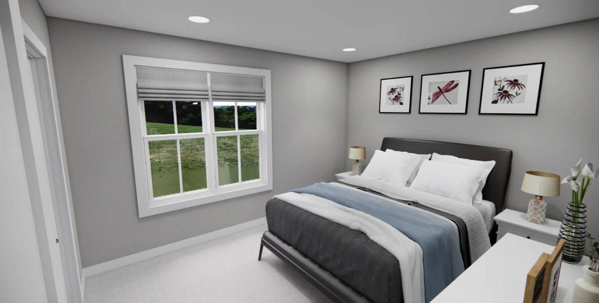 Bedroom with a platform bed and a white-framed window.