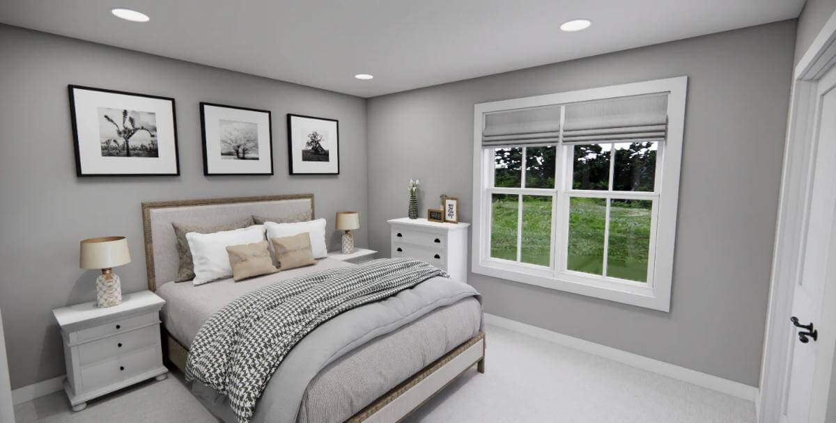 Bedroom with a wooden bed and a large window.
