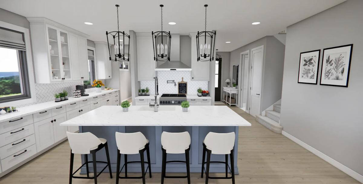 Kitchen with white cabinets and a center island topped by wrought iron pendants.