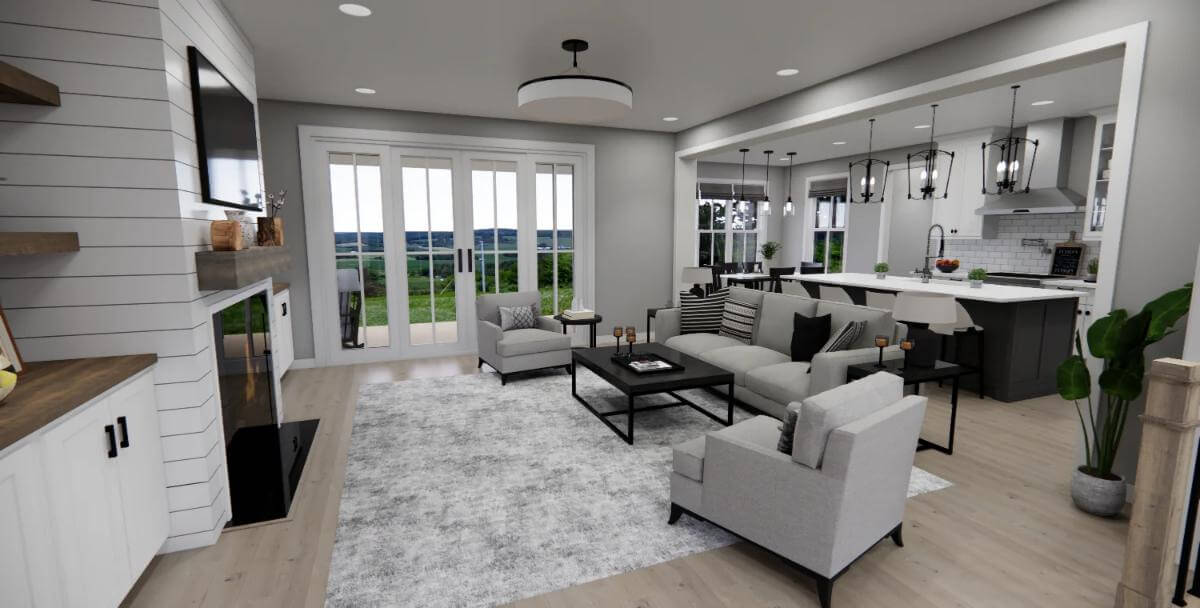 Great room with gray seats and a French door that opens to the back porch.