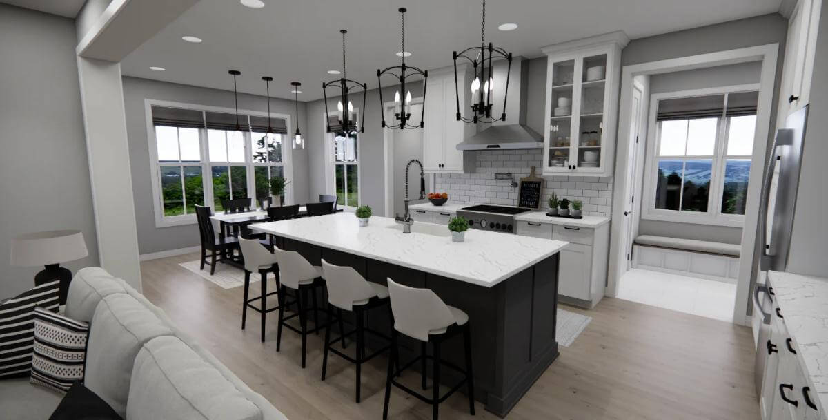 Kitchen with white cabinets and a contrasting island.