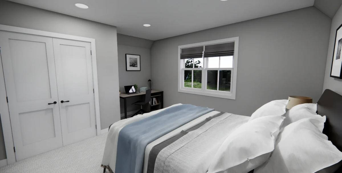 Bedroom with a built-in wardrobe and a dark wood desk.