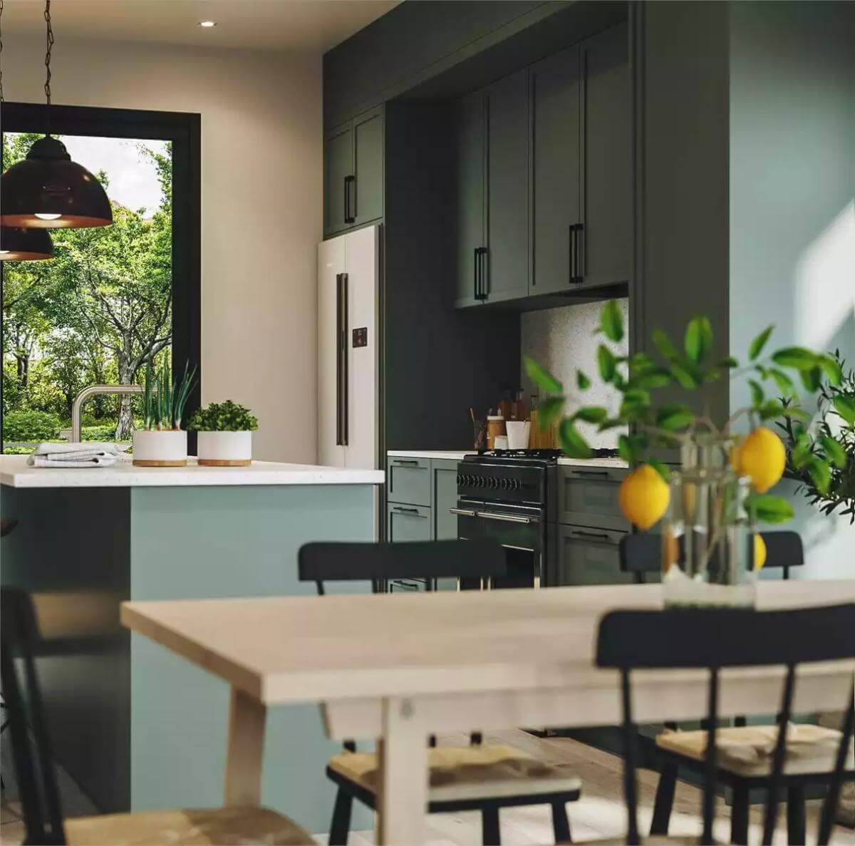 View of the kitchen from the dining area.