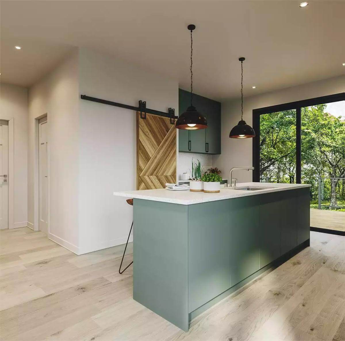 The kitchen includes a pantry with a sliding barn door.