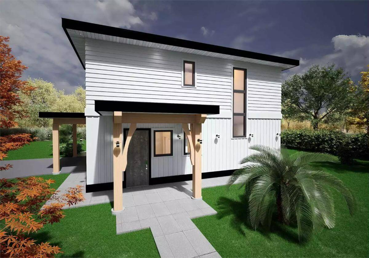 Front view with a covered entry and sleek windows.