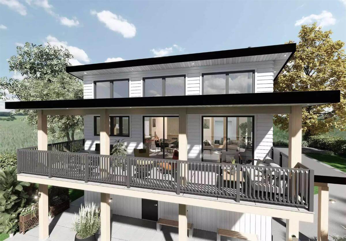 Upper deck with sliding glass doors and metal railings.