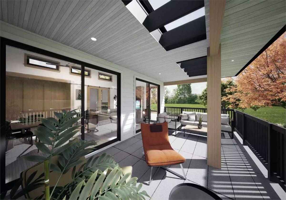 Covered deck with cushioned seats and timber accents.