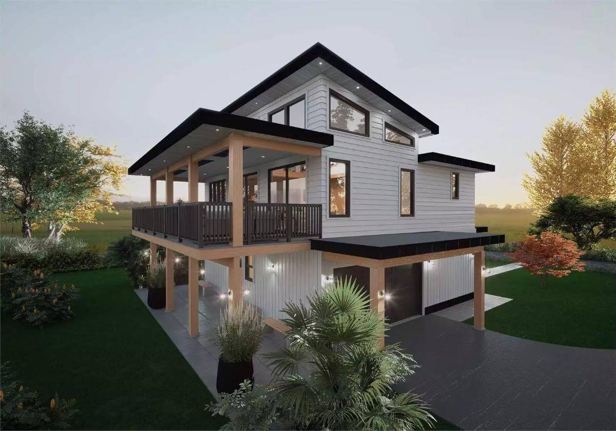 Rear-left view with stacked porches and a covered patio.