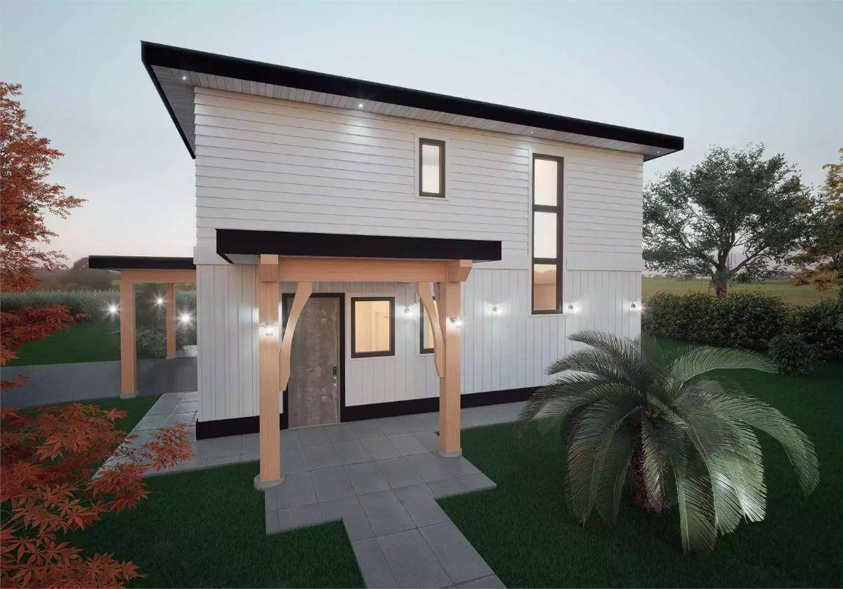 Front view with a covered entry and a wooden front door.