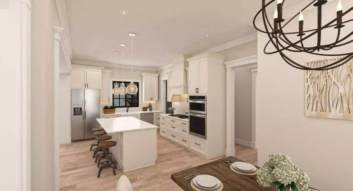 View of the kitchen from the dining area.