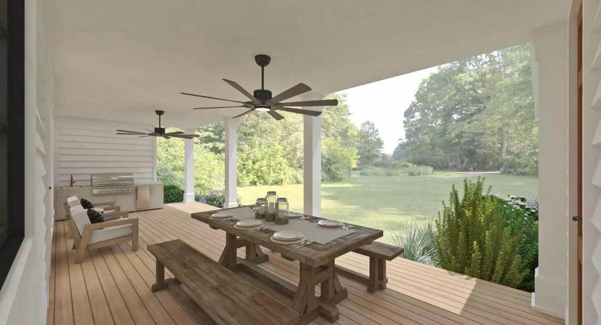 Rear porch with a rustic dining set and a built-in grill.