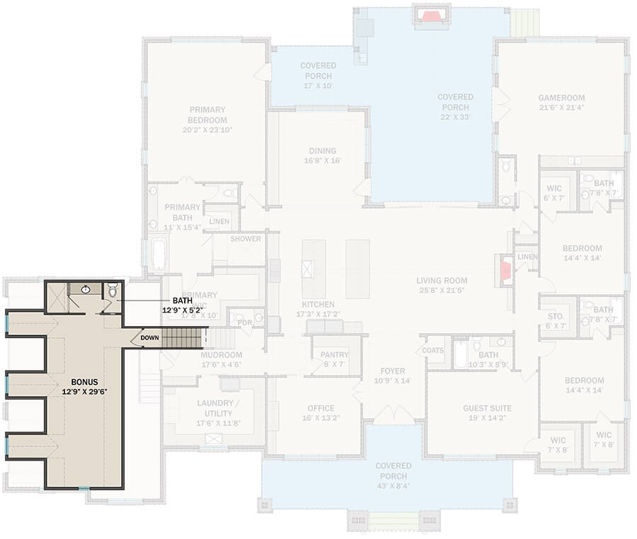 Bonus level floor plan with a full bath and dormer windows.