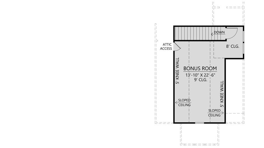 Bonus level floor plan with sloped ceiling and a staircase leading down the main level.
