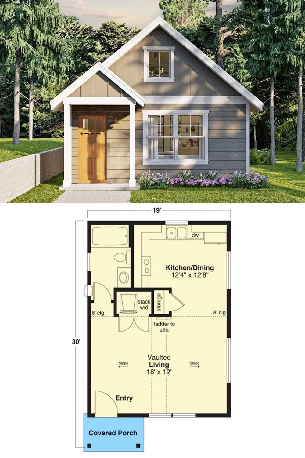 This craftsman style ADU studio house features a cute and charming facade with classic clapboard siding, board and batten accents, multiple gables, and a covered entry lined by white pillars.