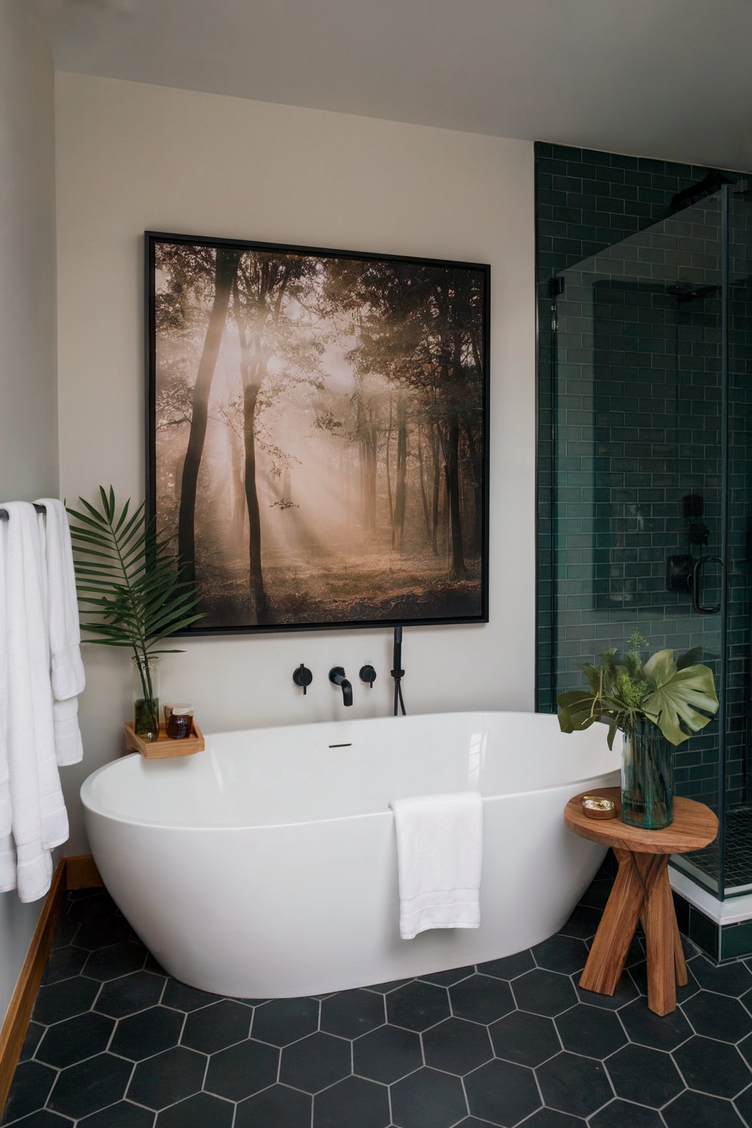 A bathroom with a green tiled shower and black tiles on the floor, with a photo of a forest hanging above the bathtub