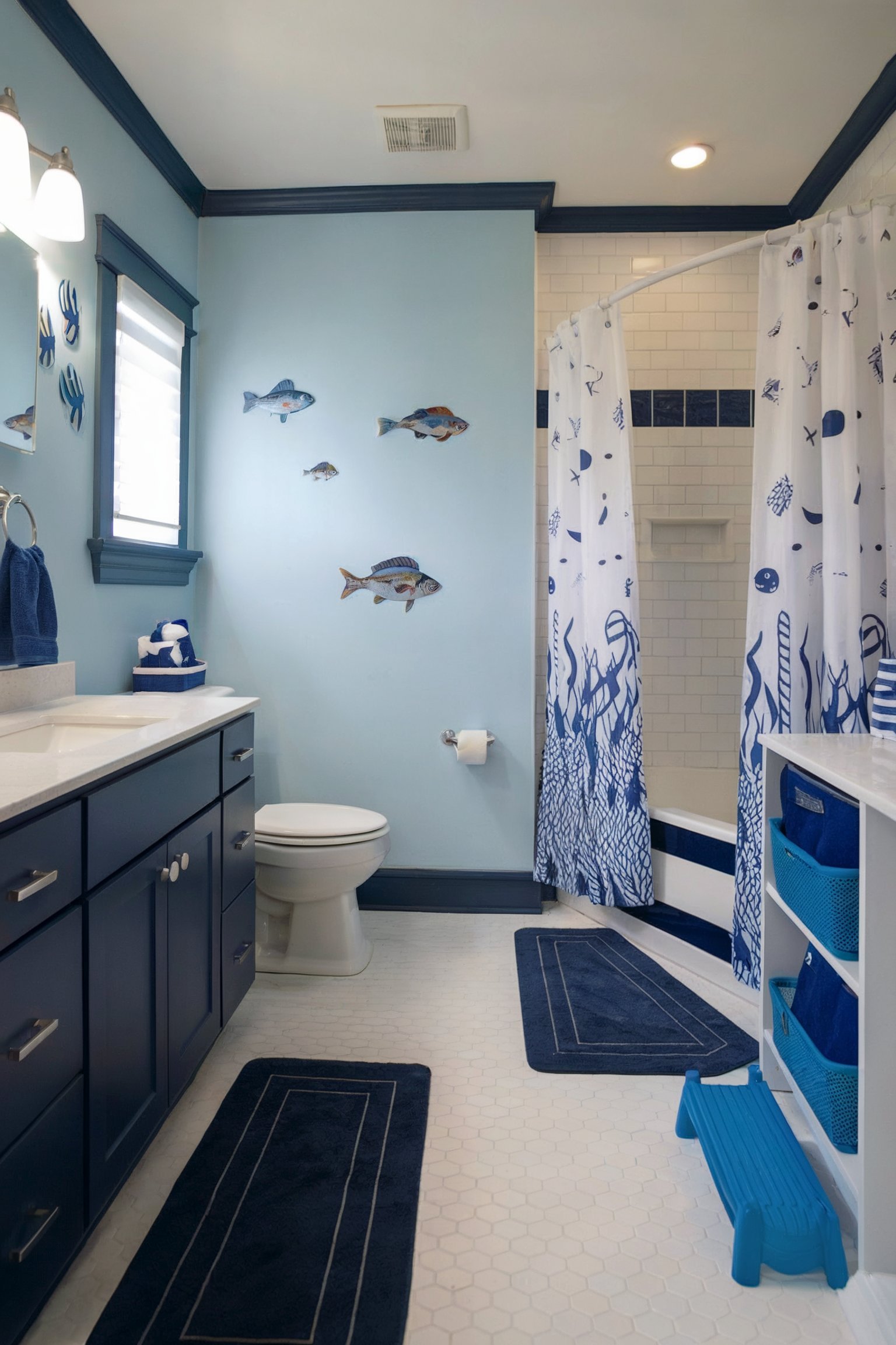 Light blue and navy kids' bathroom with fish decals and coordinated decor