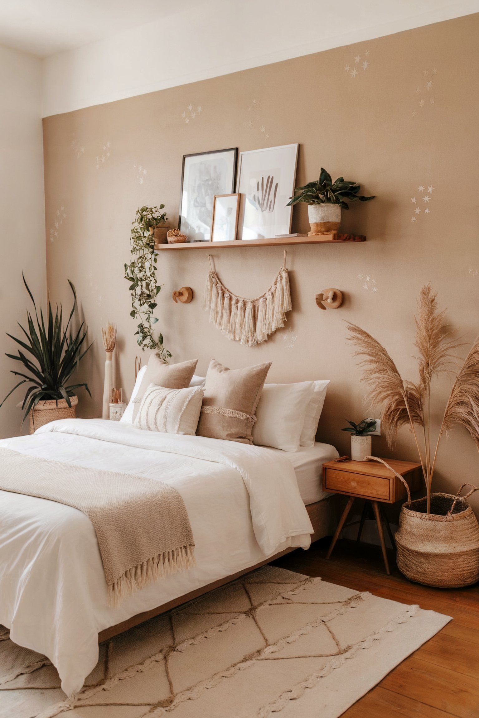 A cozy neutral bedroom with earthy tones, wall-mounted decor, and potted plants for a natural touch