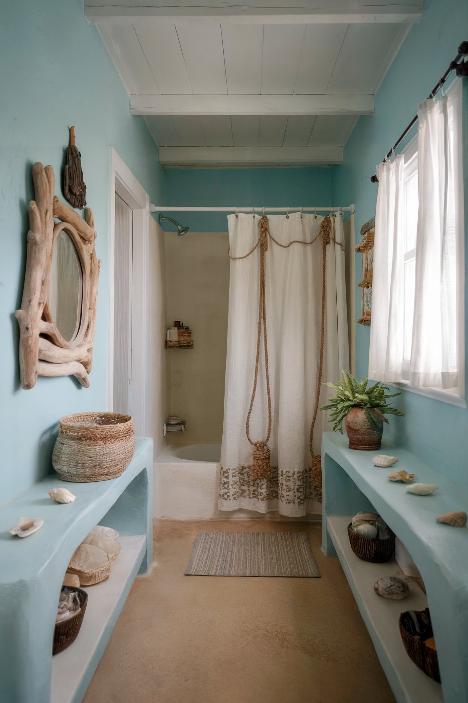 A coastal-themed bathroom with light blue walls, a rustic mirror, and natural textures like woven baskets and rope accents