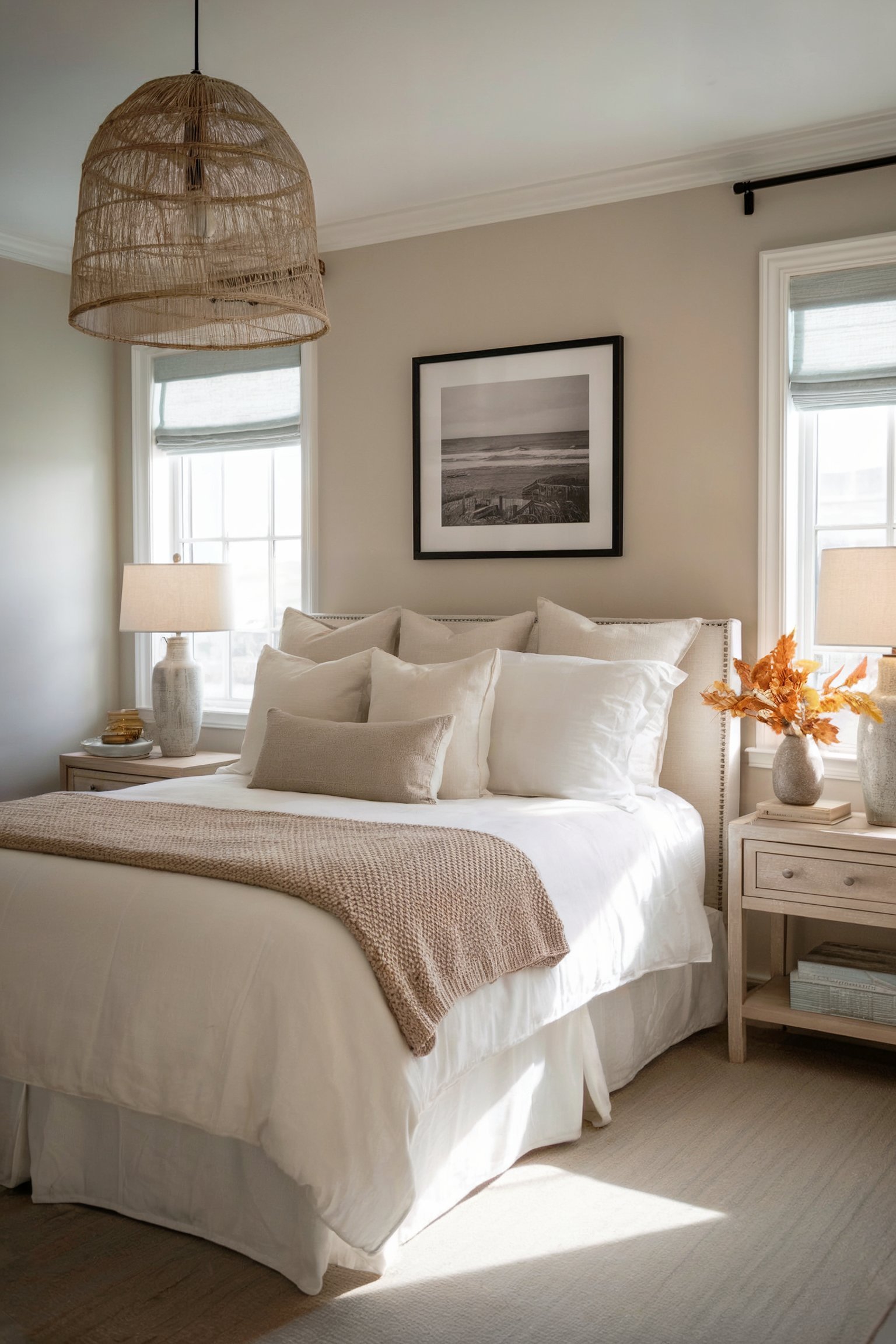 A minimalist bedroom with neutral bedding, beige decor, and a large woven light fixture above