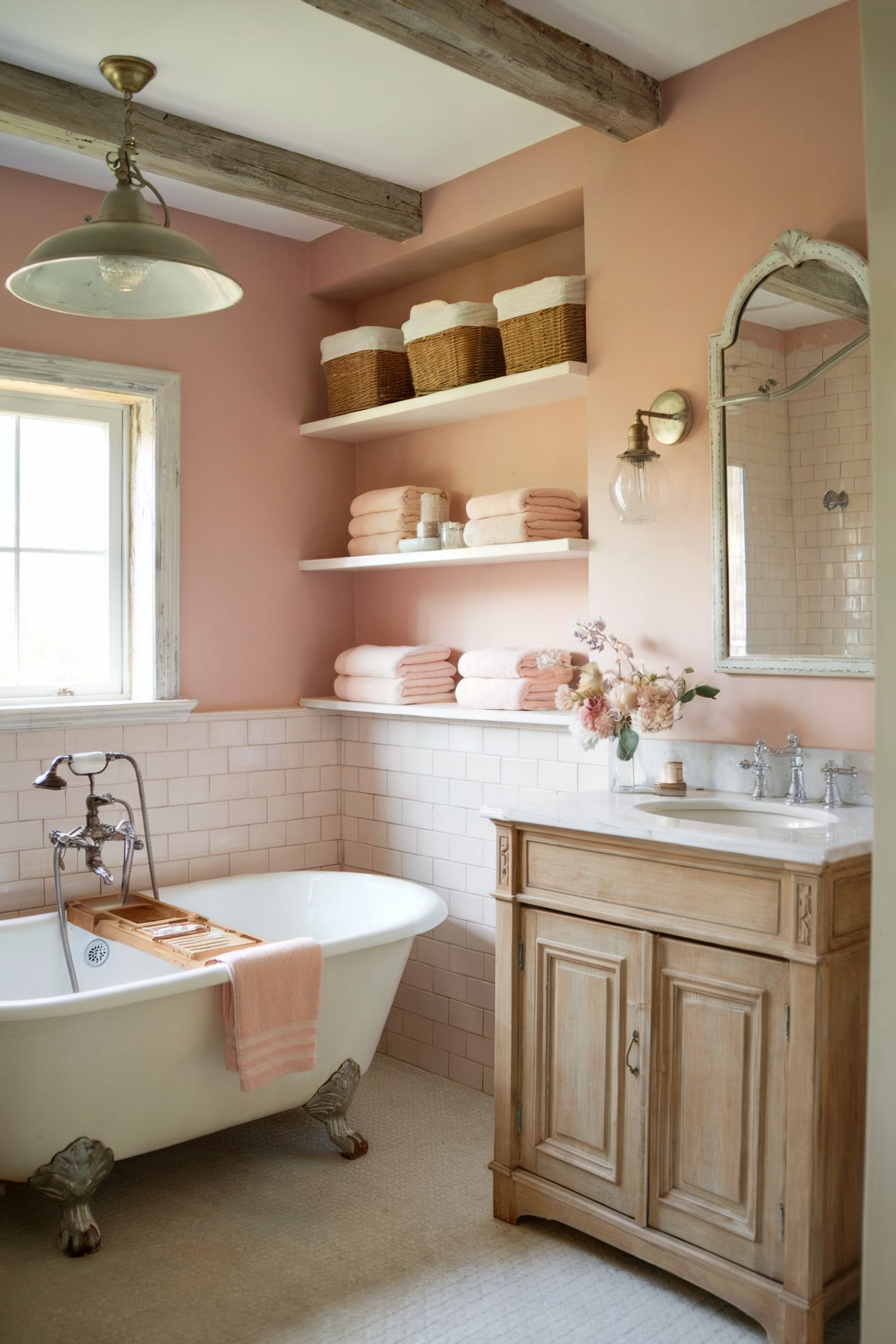 A cozy bathroom with pink walls, a clawfoot tub, and wood beams, creating a warm and rustic feel