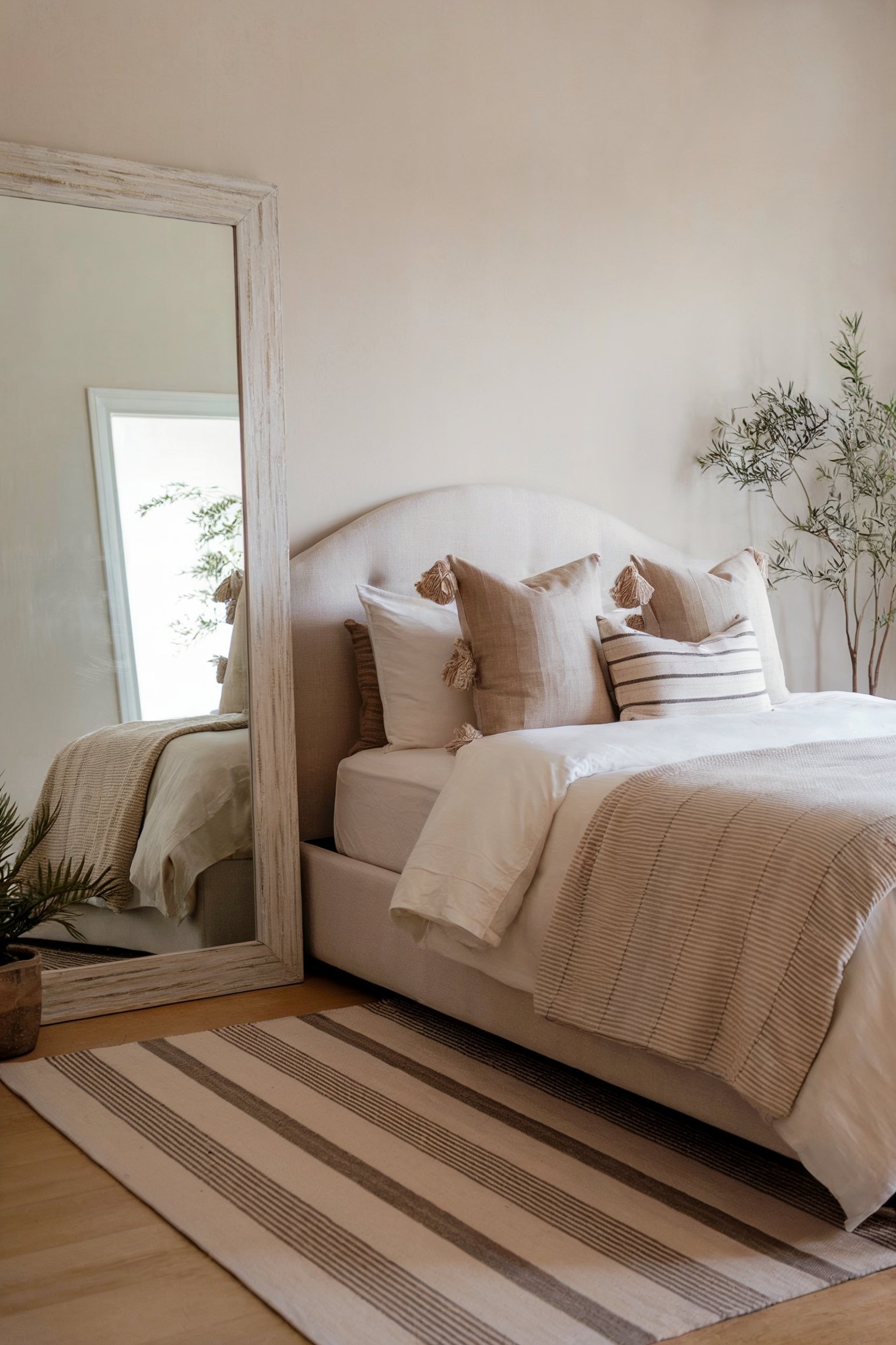 A minimalist bedroom with neutral tones, striped bedding, and a large leaning mirror