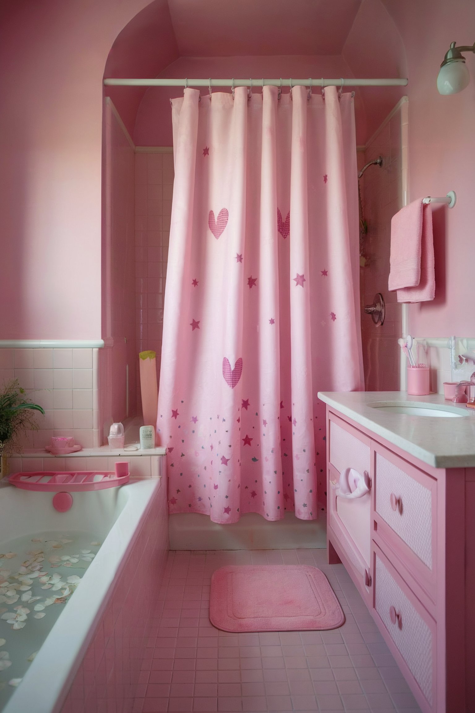 A charming pink bathroom with a heart and star-patterned shower curtain, matching vanity, and bathtub