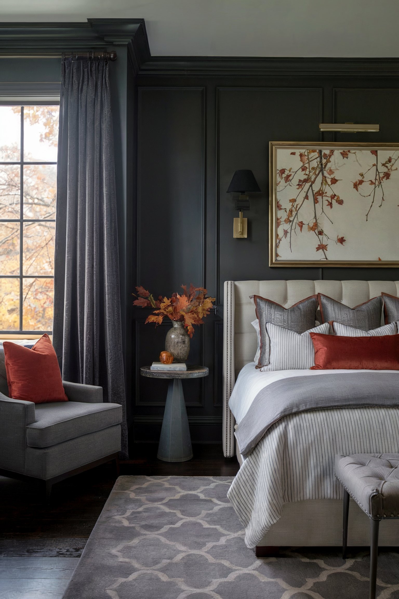 Elegant bedroom with dark walls, gray bedding, and fall accents like orange pillows and leaves in a vase