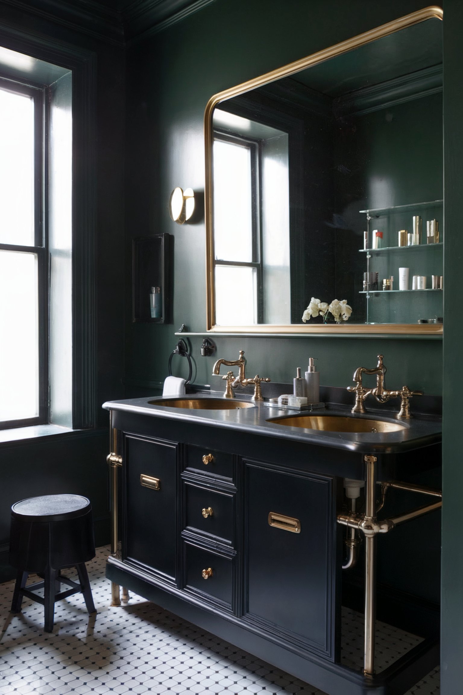 A dark green bathroom features a black double vanity with gold accents and large windows, giving it a luxurious feel