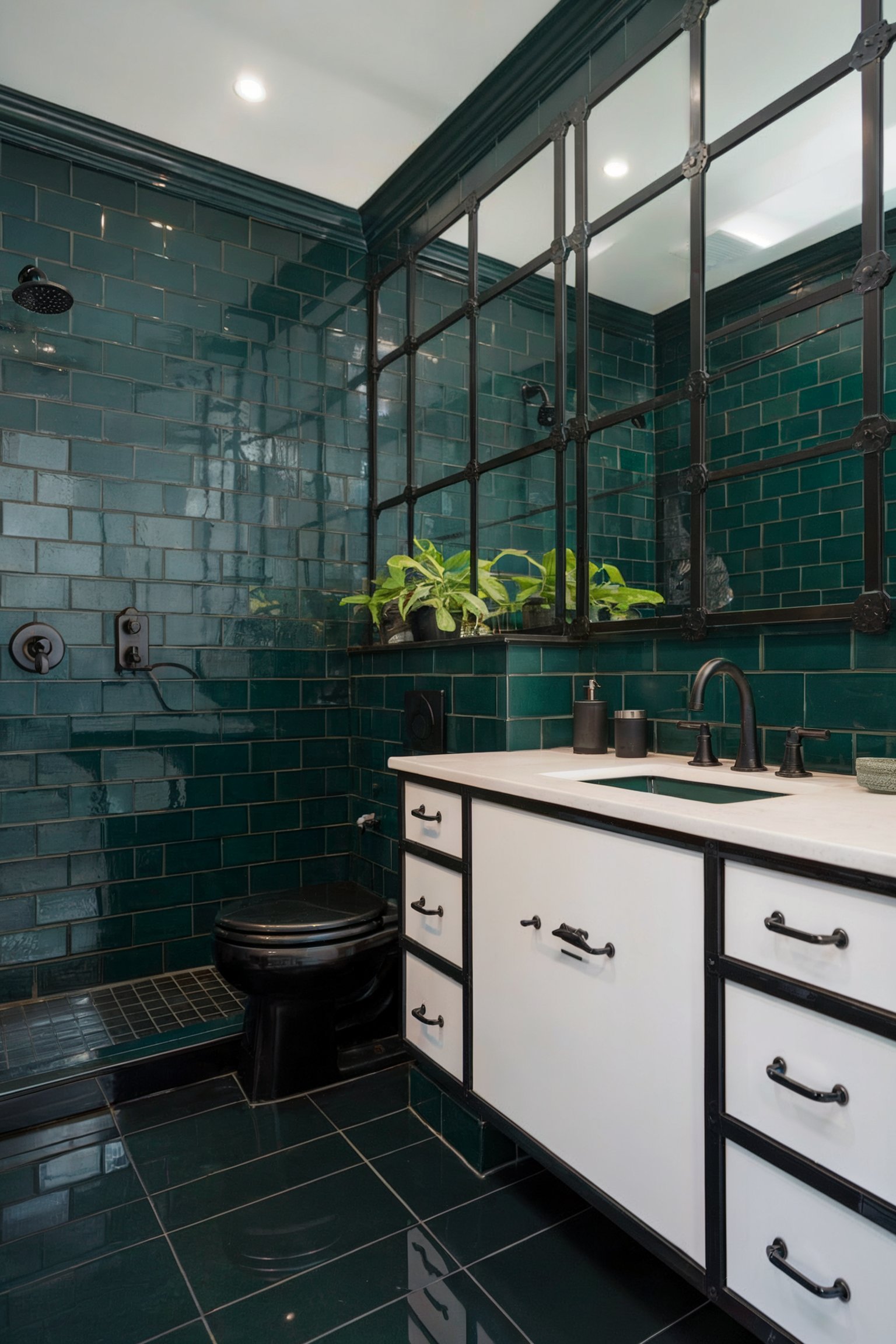 A sleek bathroom with dark green subway tiles, black accents, and a large grid mirror adding a modern industrial feel