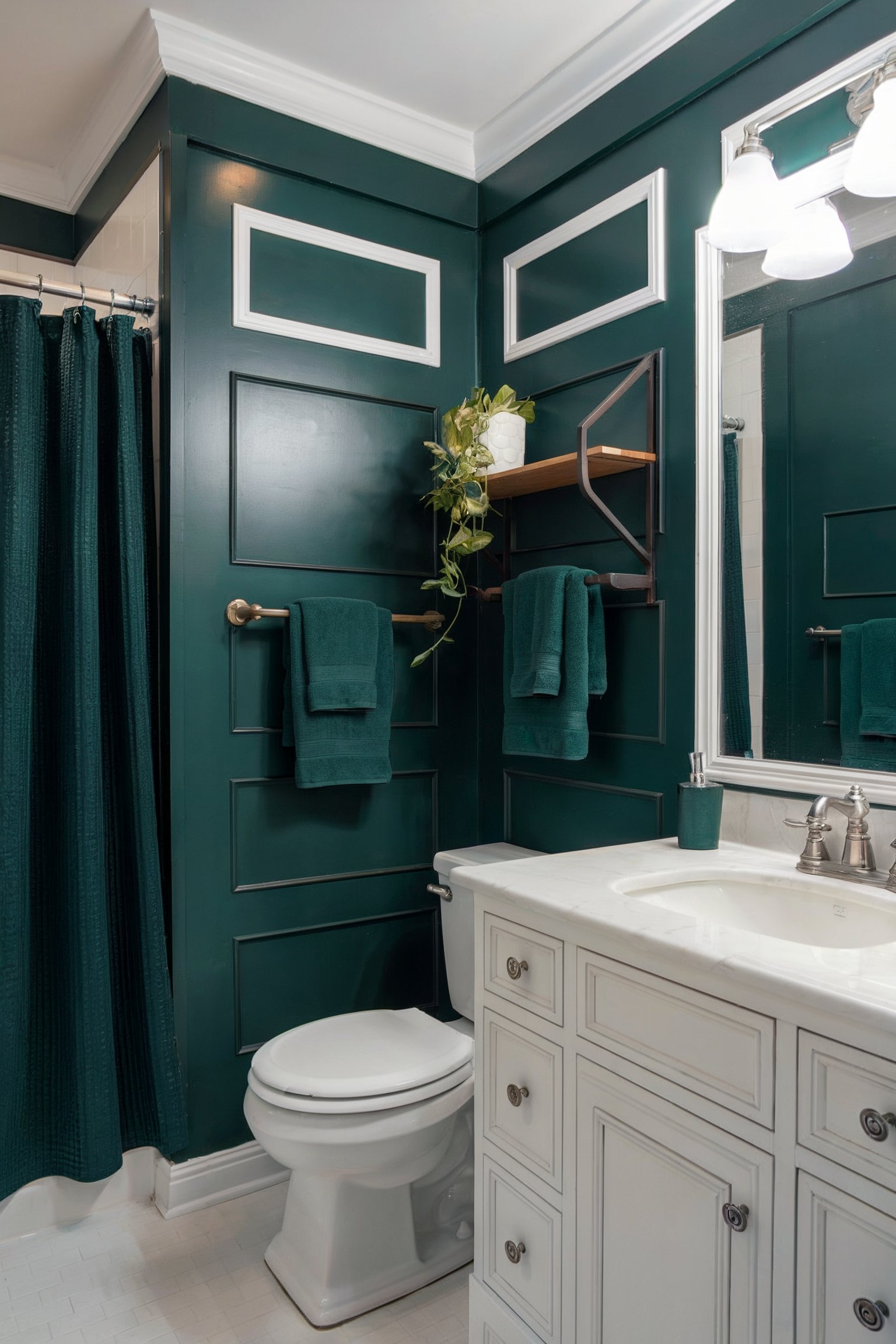 A bathroom with dark green walls, matching tiles, and white fixtures, accented with dark green towels and a plant shelf