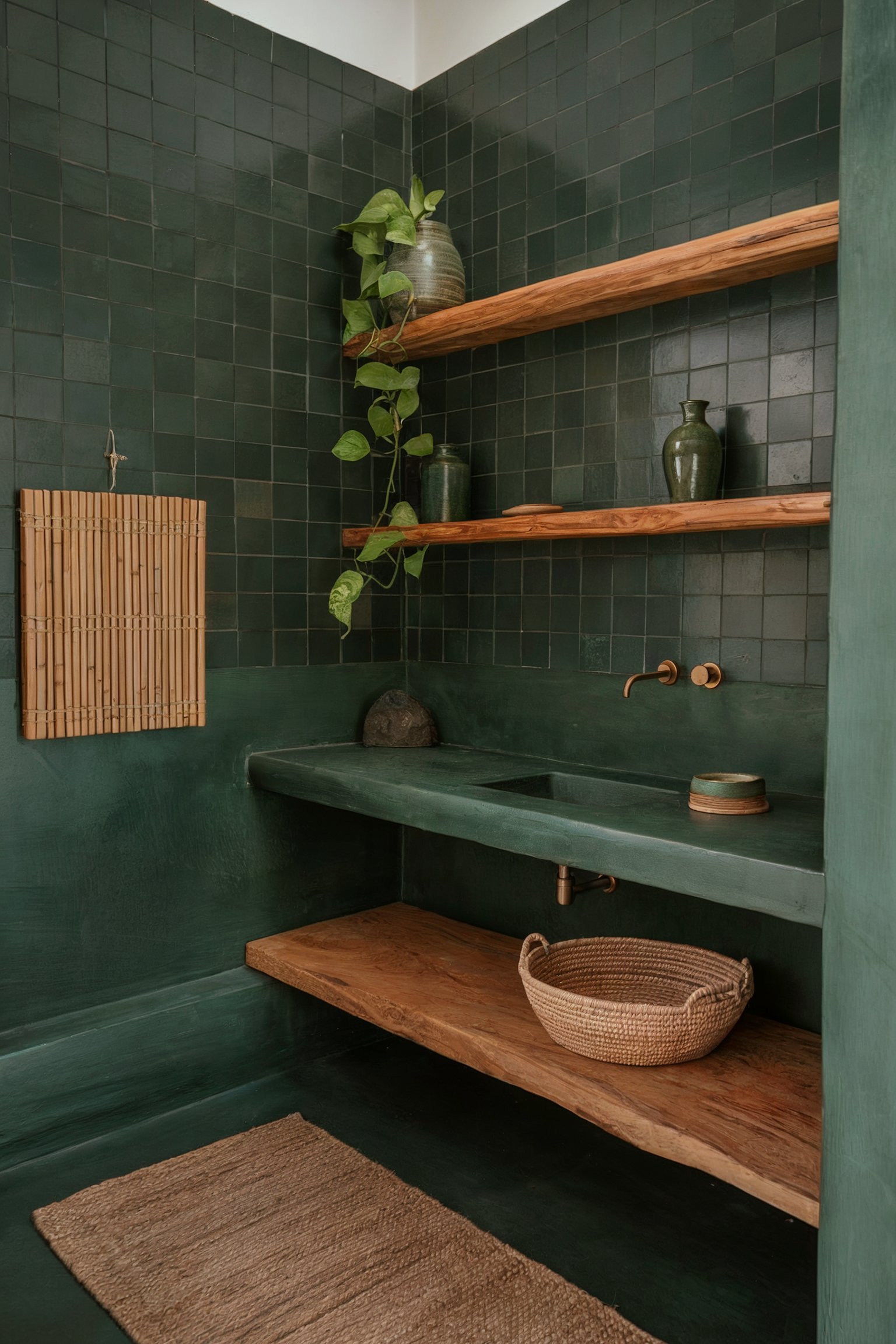 A minimalistic bathroom with dark green square tiles, natural wood floating shelves, and a concrete sink, complemented by greenery and bamboo decor