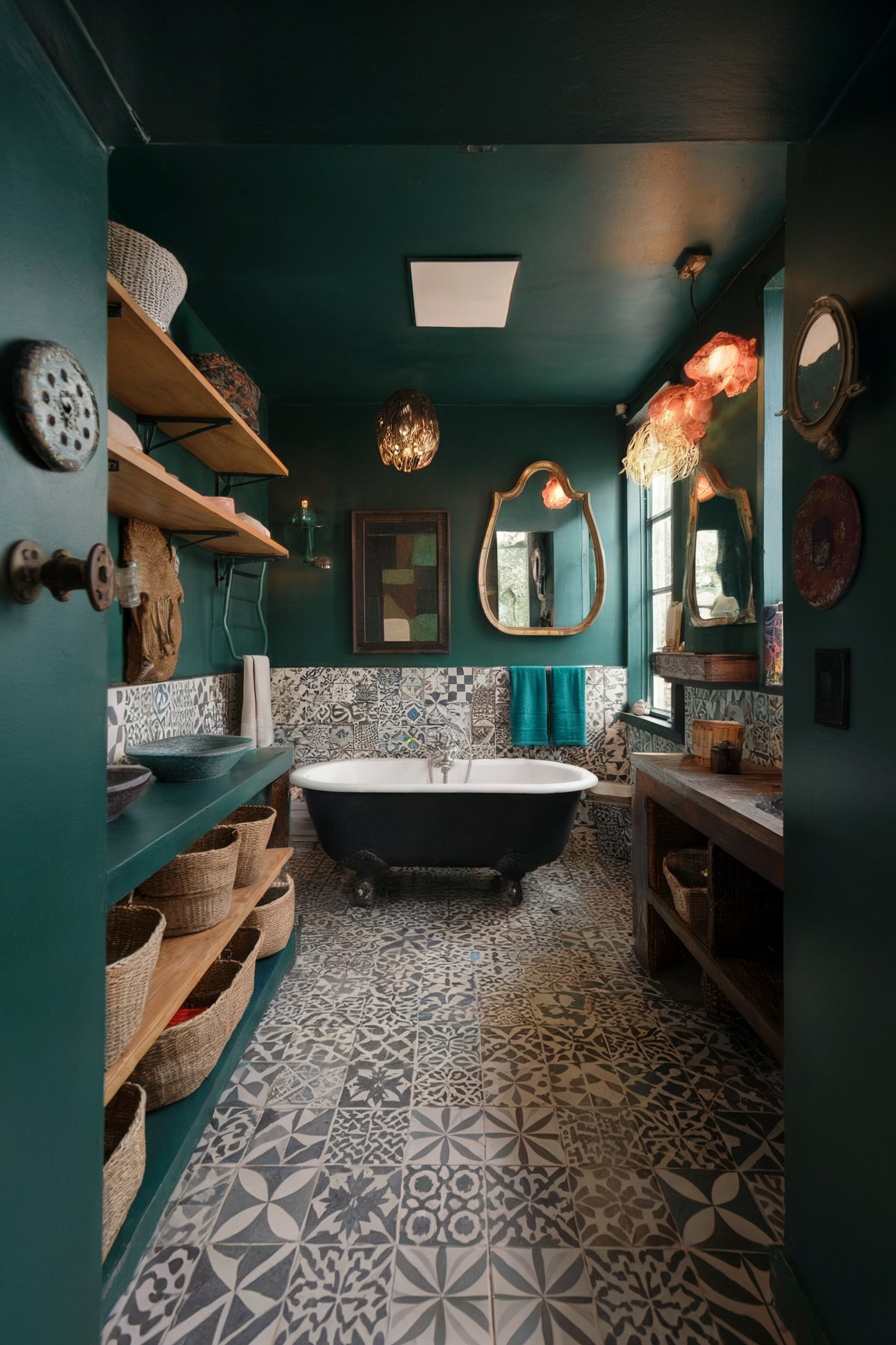 An eclectic bathroom with dark green walls and patterned floor tiles creates a bohemian vibe, complemented by a freestanding clawfoot tub