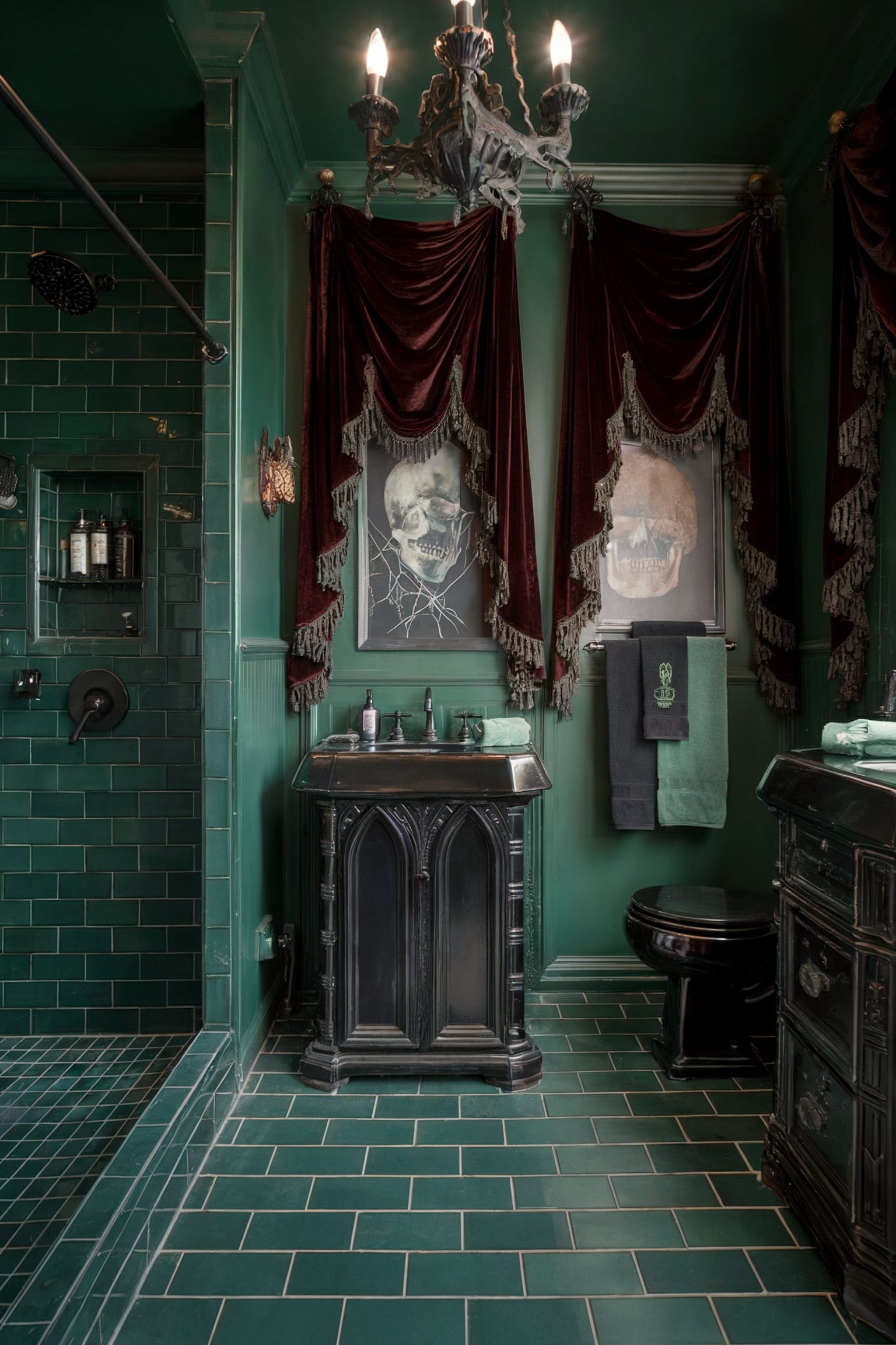 A gothic-style bathroom with dark green tiles, velvet red curtains, and black gothic fixtures, creating a moody and dramatic ambiance