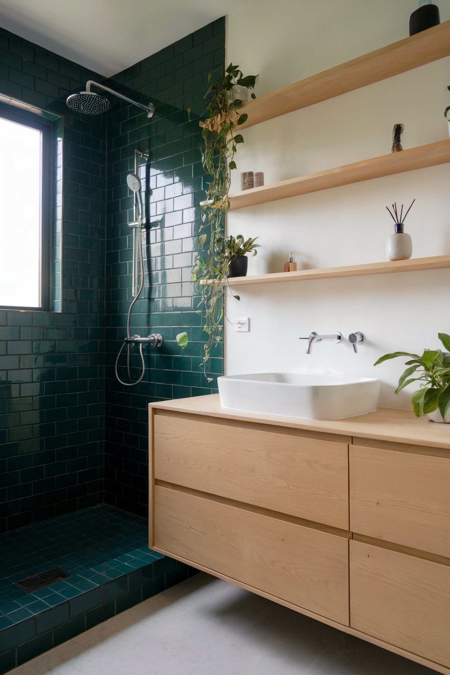 A minimalistic bathroom with dark green subway tiles in the shower, light wooden floating vanity, white sink, and natural decor